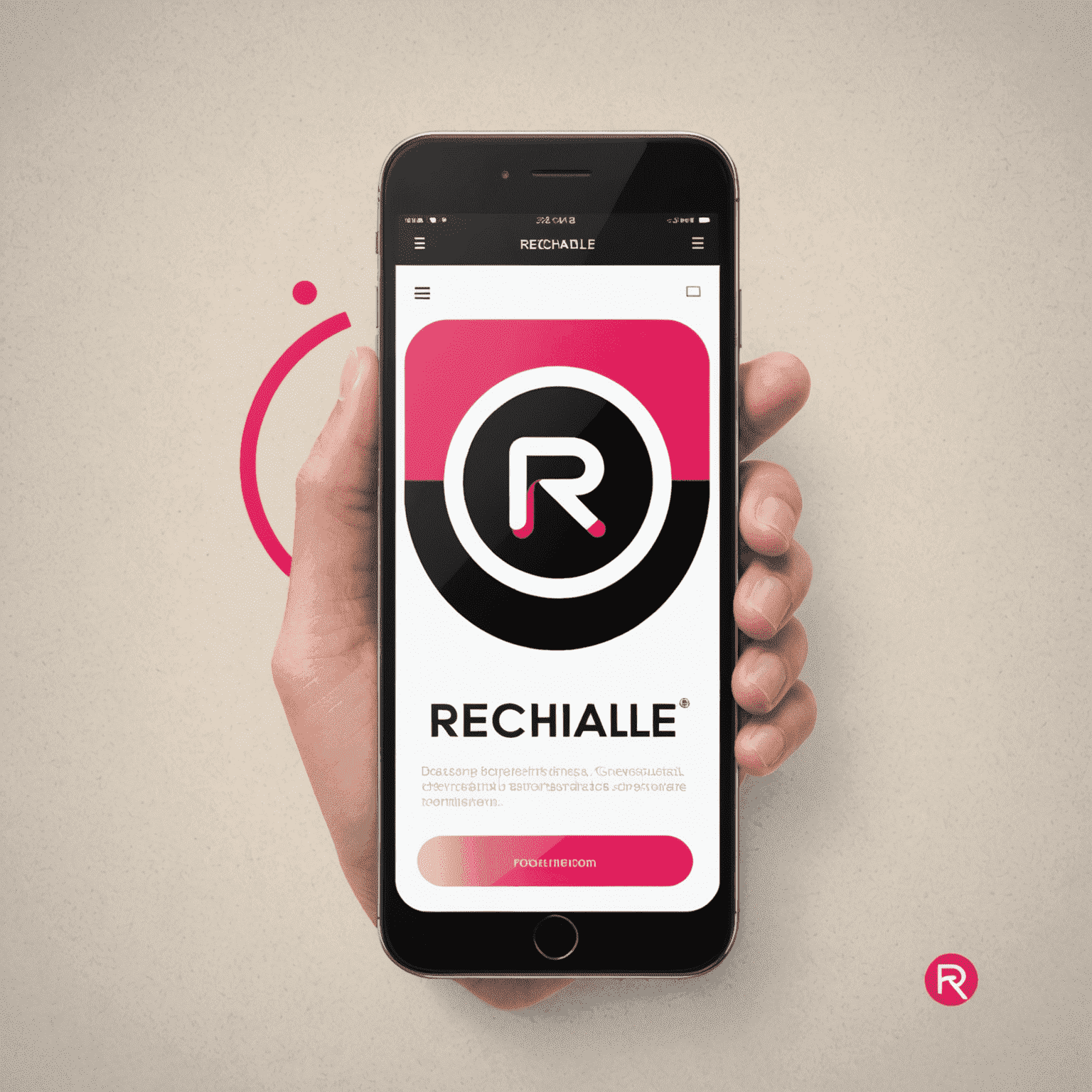 شعار rechalle_com يعرض تصميمًا حديثًا يجمع بين اللون الأحمر والوردي والأسود والأبيض، مع رمز يمثل واجهة الهاتف المحمول