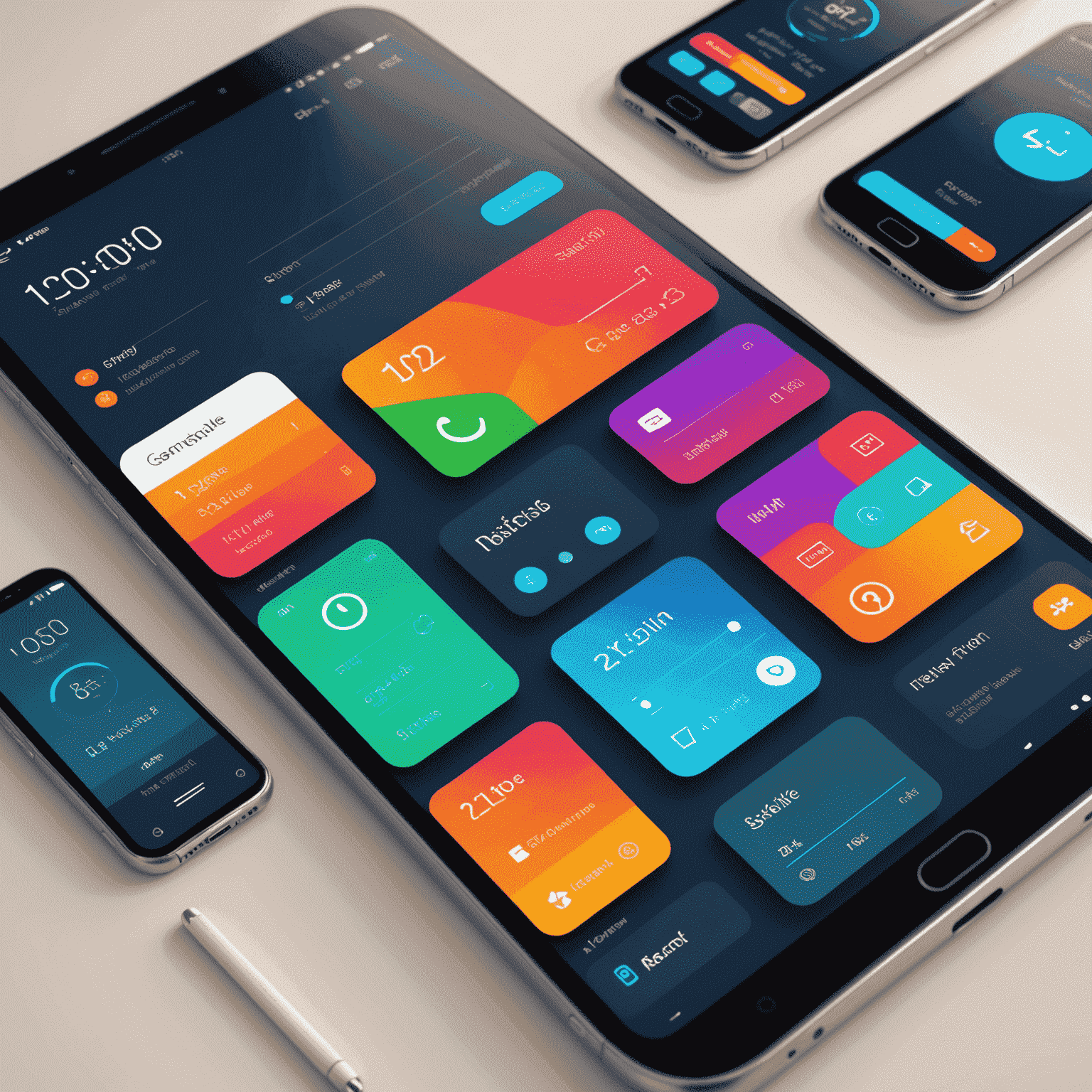 صورة توضيحية لواجهات مستخدم حديثة لتطبيقات الهواتف المحمولة، تعرض تصميمات مبتكرة وألوان زاهية